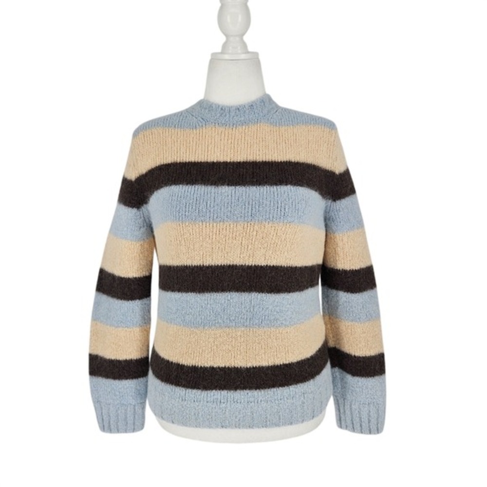 A.P.C. Striped Sweater‎ Women Size L Blue Beige Alpaca Wool Fuzzy Knit Crewneck